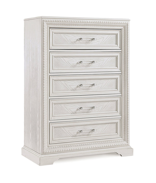 English Elm 1pc Five-Drawer Tall Storage Chest with Bright Finish, Elegant Pulls, Spacious Wooden Bedroom Tower Antique White 41 L x 22.5 W x 57 H B2741P408963
