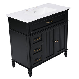 English Elm 36" Modern Bathroom Vanity with Ceramic Sink, Solid Wood + MDF Frame, Sleek Freestanding Design Black N725P195410B