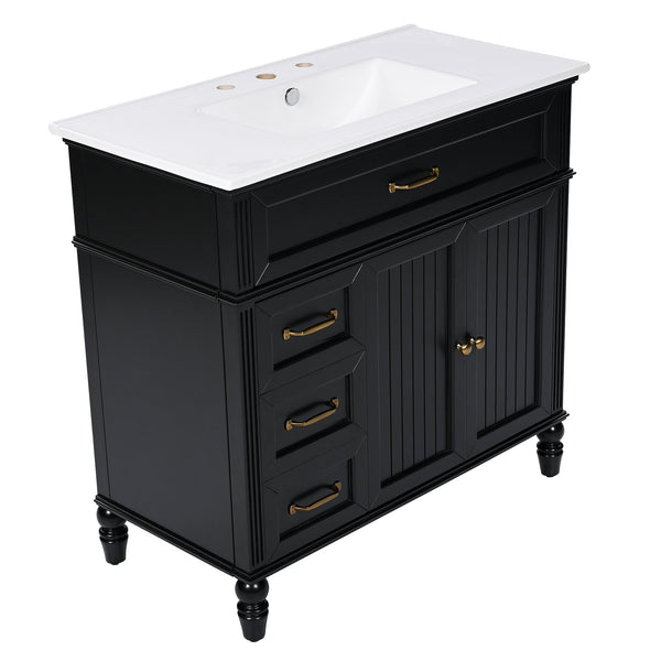 English Elm 36" Modern Bathroom Vanity with Ceramic Sink, Solid Wood + MDF Frame, Sleek Freestanding Design Black N725P195410B