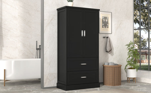 English Elm Tall Bathroom Storage Cabinet with Adjustable Shelves, Two Doors & Drawers, Space-Saving 66" Tall Black N725P178675B