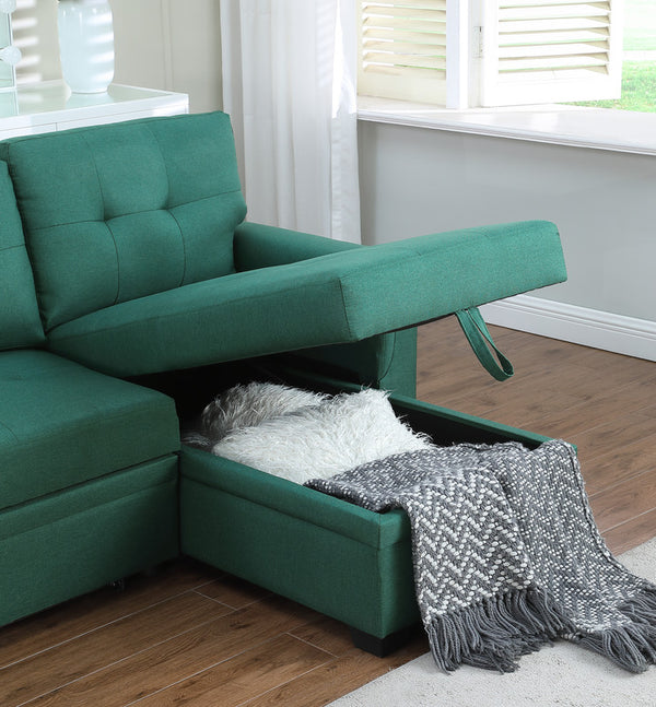 English Elm Jardin Reversible L-shaped Sectional Sleeper Sofa with Chaise Storage and Tufted Fabric Green B2749S00008