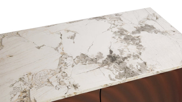 English Elm Unique Wave Relief Sideboard Buffet with Marble Top Four Door Living Dining Storage W2263P375694