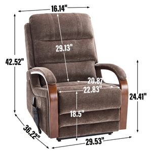 English Elm Power Lift Recliner Chair Chenille Upholstery Dual Motor Heat Massage Solid Wood Arms Brown W1803S00068