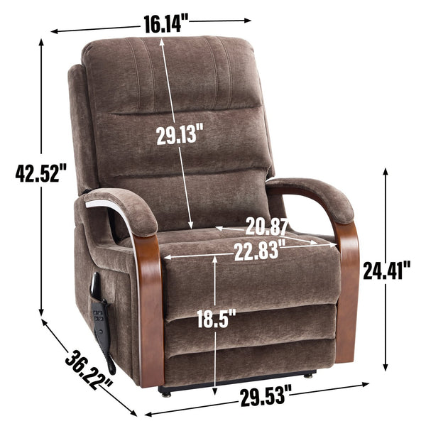 English Elm Power Lift Recliner Chair Chenille Upholstery Dual Motor Heat Massage Solid Wood Arms Brown W1803S00068