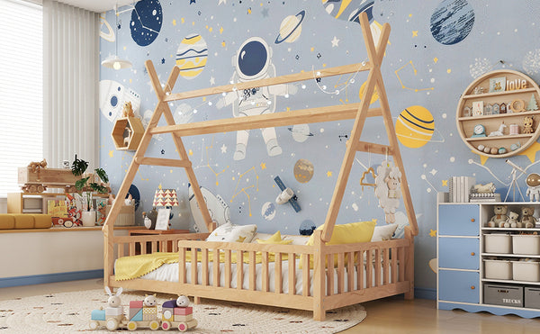 English Elm Twin House Bed with Roof and Guardrails, Low Floor Kids Playhouse Bed with Tent and Lights, Cozy Design Natural 80.91 L x 15.55 W x 6.5 H W2593P296911