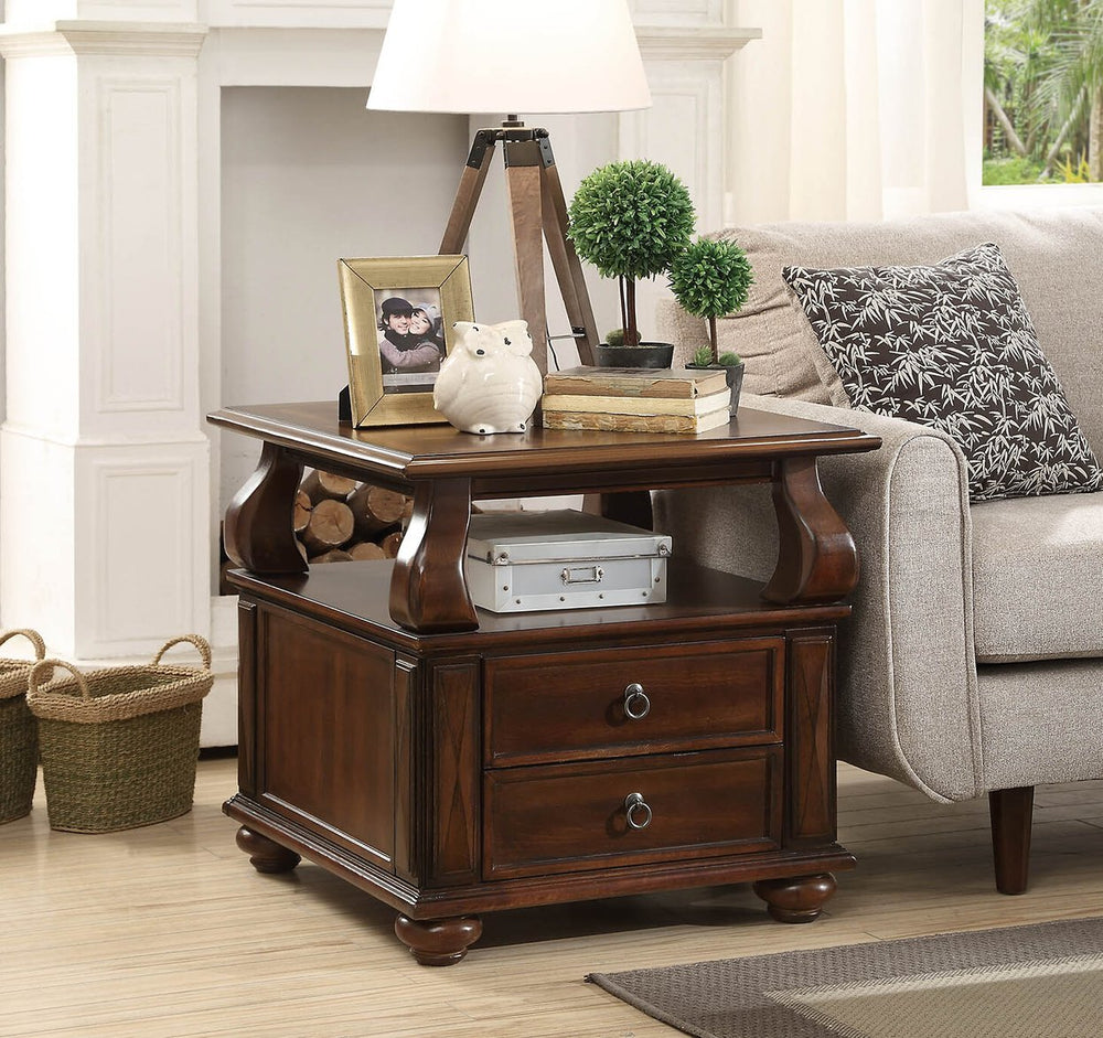 English Elm Walnut 2-Drawer End Table with Open Shelf, Rich Finish, Round Bun Legs for Stylish Storage and Charm B062P209058