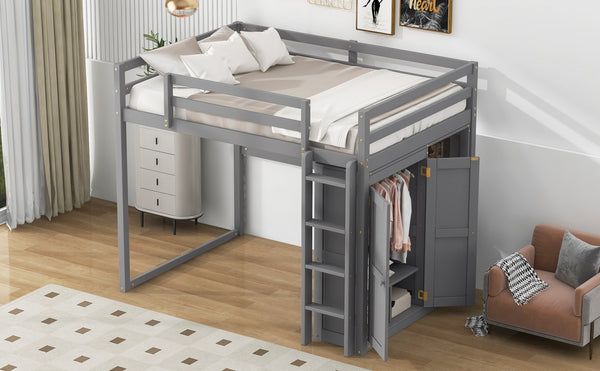 English Elm Wood Full Size Loft Bed with Built-in Wardrobe, 4-Tier Storage Shelves, LED Light, Pine MDF Durable Gray GX000463AAE