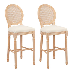English Elm Hengming French Country Wooden Barstools With Rattan Back & Beige Upholstered Seating - Stylish Comfort W212P185972
