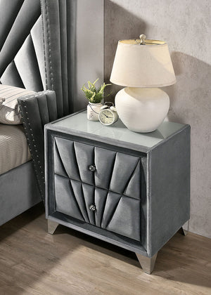 English Elm Fabric Art Deco Velvet Nightstand with 2 Drawers, Gray — Glam Vintage Upholstery, Chrome Feet, Diamond Pulls B016P252815