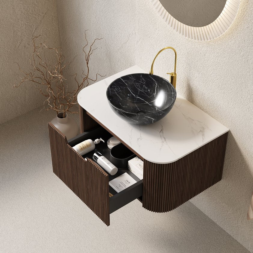 English Elm Muri Floating Bathroom Vanity Plywood Cabinet Sintered Stone Top Oak Drawer Black,Carrara White,Dark Walnut W2615S00277