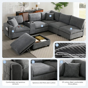 English Elm 139'' U-shaped Corduroy Sectional with Ottoman Console Usb Port and Cup Holders for Living Gray N723S1166E