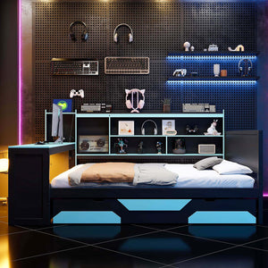 English Elm Queen Gaming Bed Frame with Desk Led Lighting Storage Drawers and Bookcase Headboard Black+Blue LP000290AAC