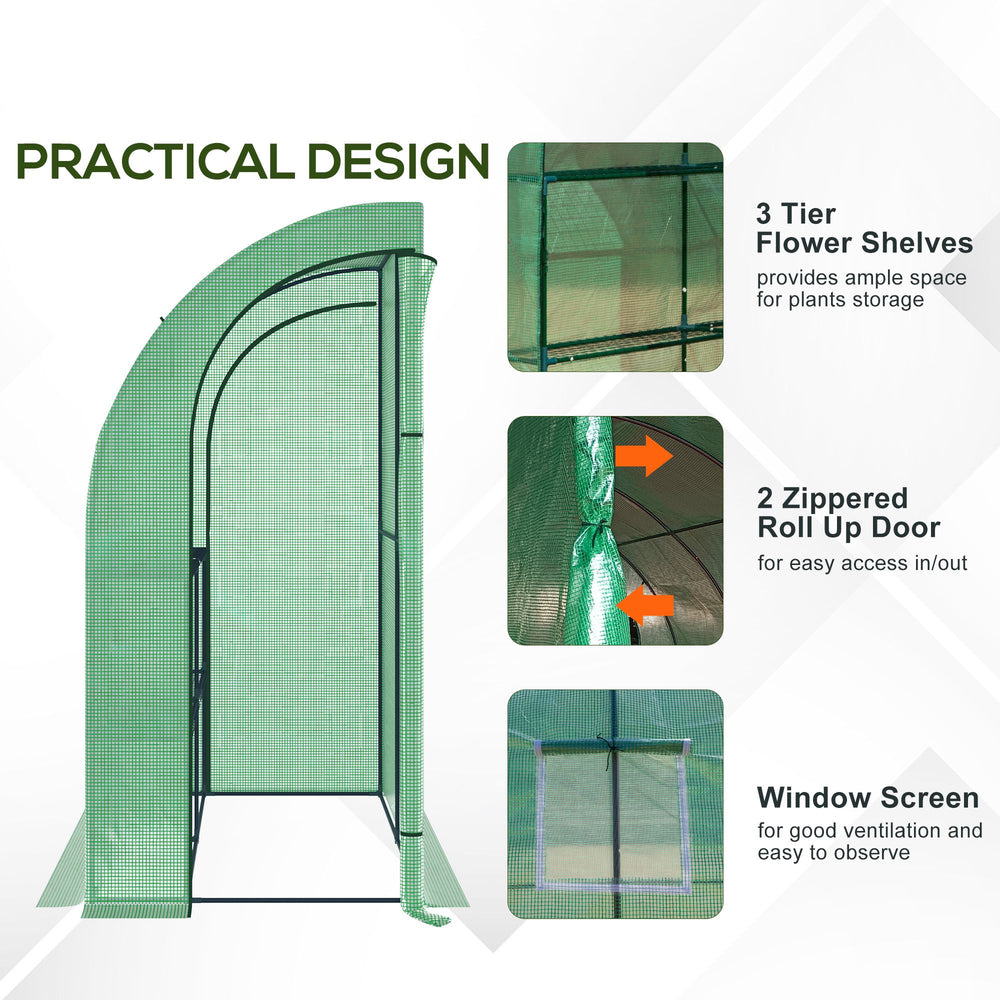 English Elm Outsunny Lean-to Walk-in Greenhouse with Galvanized Frame Pe Cover and Wire Shelving W2225P200639