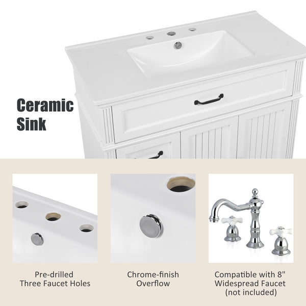 English Elm [video] 36 Inch Freestanding Bathroom Vanity Acacia Wood Legs Ceramic Sink Soft Close White N759S340019K