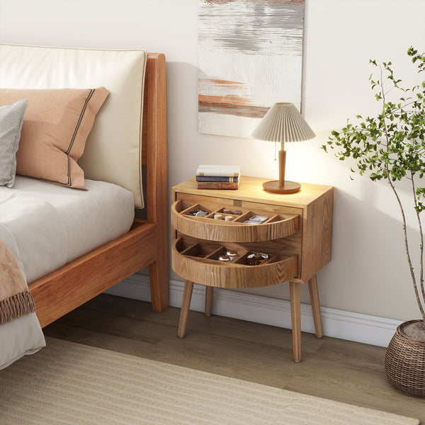 English Elm Rotating Rattan Nightstand Push Open Hidden Storage Mid Century Wood Leg Bedside Natural N761P288451M