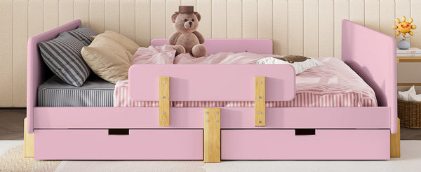 English Elm Twin Low Profile Kids Floor Bed Pine Wood Frame with Safety Rail and Built in Bookshelf Pink W1580P373245