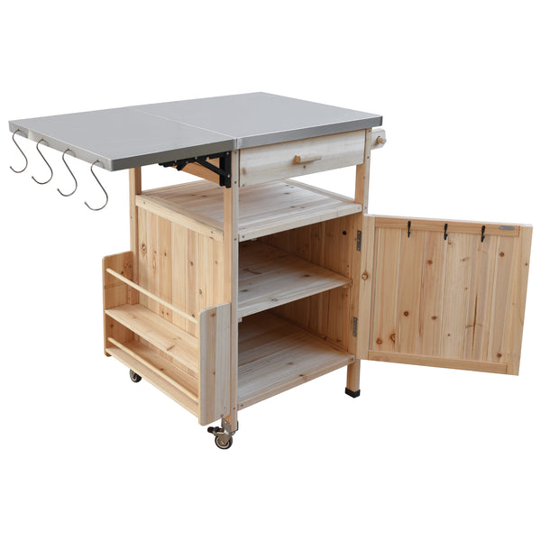 English Elm K&K 40.5" Outdoor Grill Cart with 201 Stainless Top, Solid Fir Storage, Drop Leaf & Lockable Wheels Natural N707P228272Y
