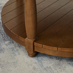 English Elm Large Tufted Linen Round Ottoman with Solid Wood Shelf Footrest for Living Room W2186P400511