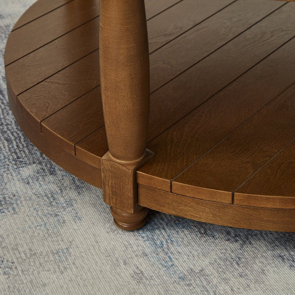 English Elm Large Tufted Linen Round Ottoman with Solid Wood Shelf Footrest for Living Room W2186P400511