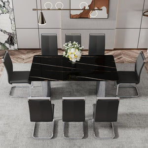 English Elm Table Set With Glass Top & 8 Black Pu Chairs - Stylish, Sturdy, And Easy To Assemble For Any Space W1151S02609-GIGA