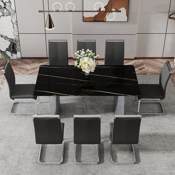 English Elm Table Set With Glass Top & 8 Black Pu Chairs - Stylish, Sturdy, And Easy To Assemble For Any Space W1151S02609-GIGA
