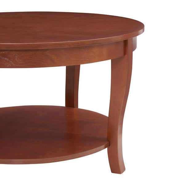 English Elm Traditional Round Coffee Table with Open Shelf, 2-Tier Solid Wood Accent Table for Small Spaces Walnut W1693P216929