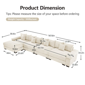 English Elm 170" Oversized Corduroy Cloud Sectional with Ottoman Deep Cushions for Living Rooms W714S01291