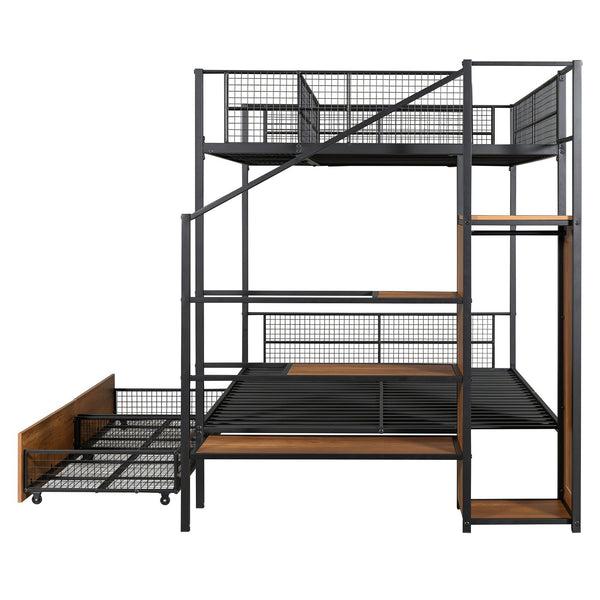 English Elm Twin Metal Bunk Bed Twin-Over-Full with Built-In Drawer, Ladder Storage, Wardrobe & Trundle Utility Black SF000174AAB