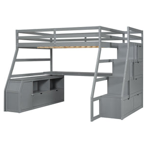 English Elm Full Size Kids Loft Bed with Integrated Desk Seven Drawers and Open Shelving Gray LT000649AAE-1