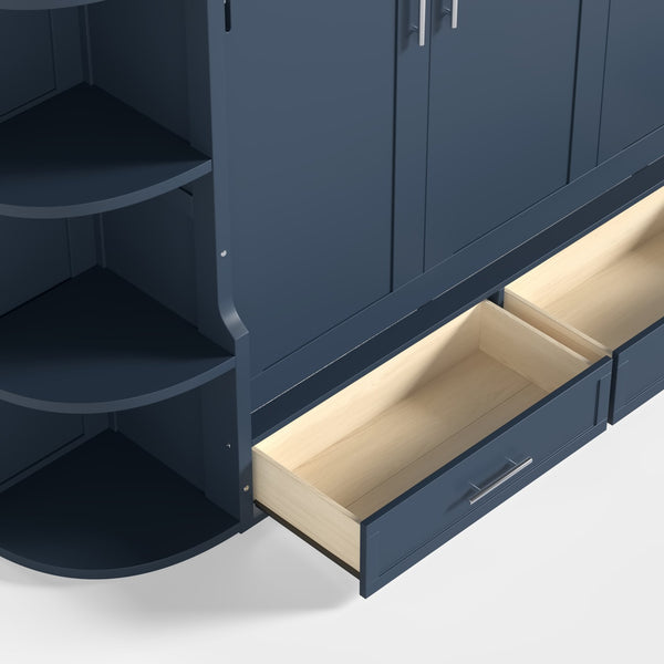 English Elm Queen Murphy Wall Bed with Side Cabinets Open Shelving and Drawers for Studio Rooms Blue W1580S00453