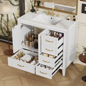 English Elm 36" Solid Pine Bathroom Vanity with Ceramic Sink 4 Soft Close Drawers Vintage Style White N759S293646K