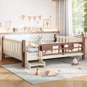 English Elm Queen Bunk Bed with Trundle Solid Pine Kids Car Themed Frame Built-in Bookshelf Beige+Natural W1580S00536