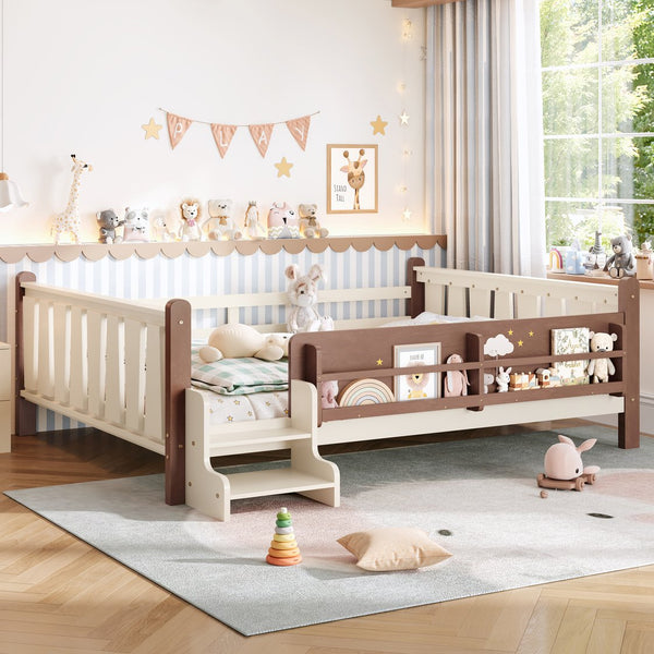 English Elm Queen Bunk Bed with Trundle Solid Pine Kids Car Themed Frame Built-in Bookshelf Beige+Natural W1580S00536