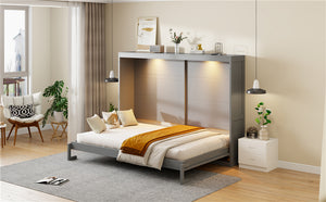 English Elm Queen Murphy Wall Bed with Led Lighting Modern Cabinet Folds Flat for Studio Living Gray LP100973AAE