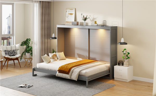 English Elm Queen Murphy Wall Bed with Led Lighting Modern Cabinet Folds Flat for Studio Living Gray LP100973AAE
