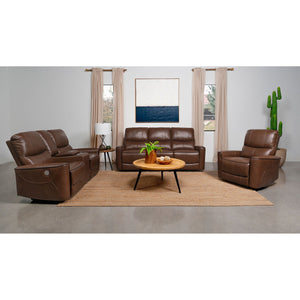 English Elm Ashland Saddle Brown Leatherette Power Reclining Sofa with USB Port, Plush Attached Cushions Comfort B062P353260