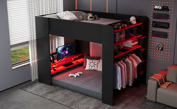 English Elm Full Size Gaming Bunk Bed with Rgb Lighting Integrated Desk Wardrobe and Storage Red LT100266AAR