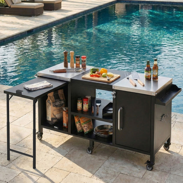 English Elm K&k Stainless Steel Outdoor Kitchen Island with Fold Out Prep Surface for Kamado Grills N707S000023B