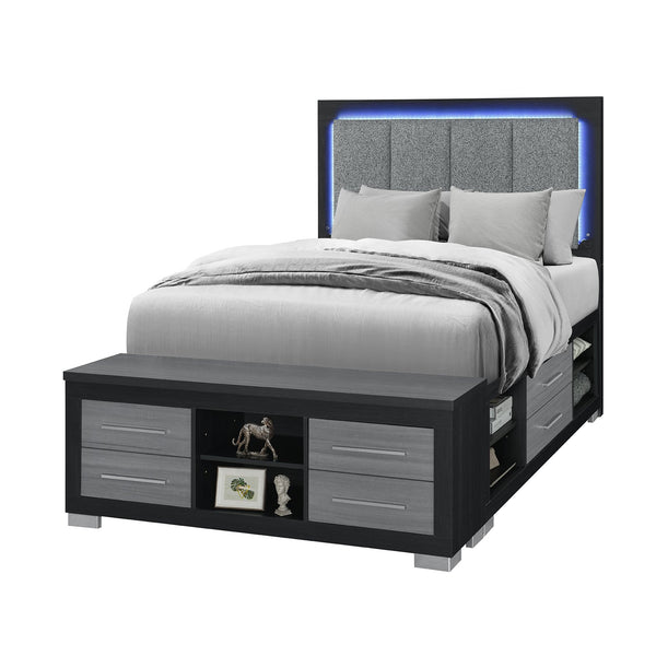 English Elm EMILIABLACK Full Bed with Bookcase Headboard, Underbed Drawer Storage, LED Lighting & Block Feet Black+Grey 78.98 L x 18.35 W x 21.14 H B201S00369
