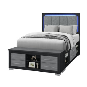 English Elm Elsa Queen Platform Bed with Led Headboard Bookcase Rails and Under Frame Storage B201S00497