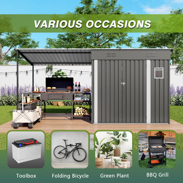 English Elm 12x4ft Steel Lean to Shed with Open Pergola Combo Backyard Storage and Shaded Patio W3213S00011