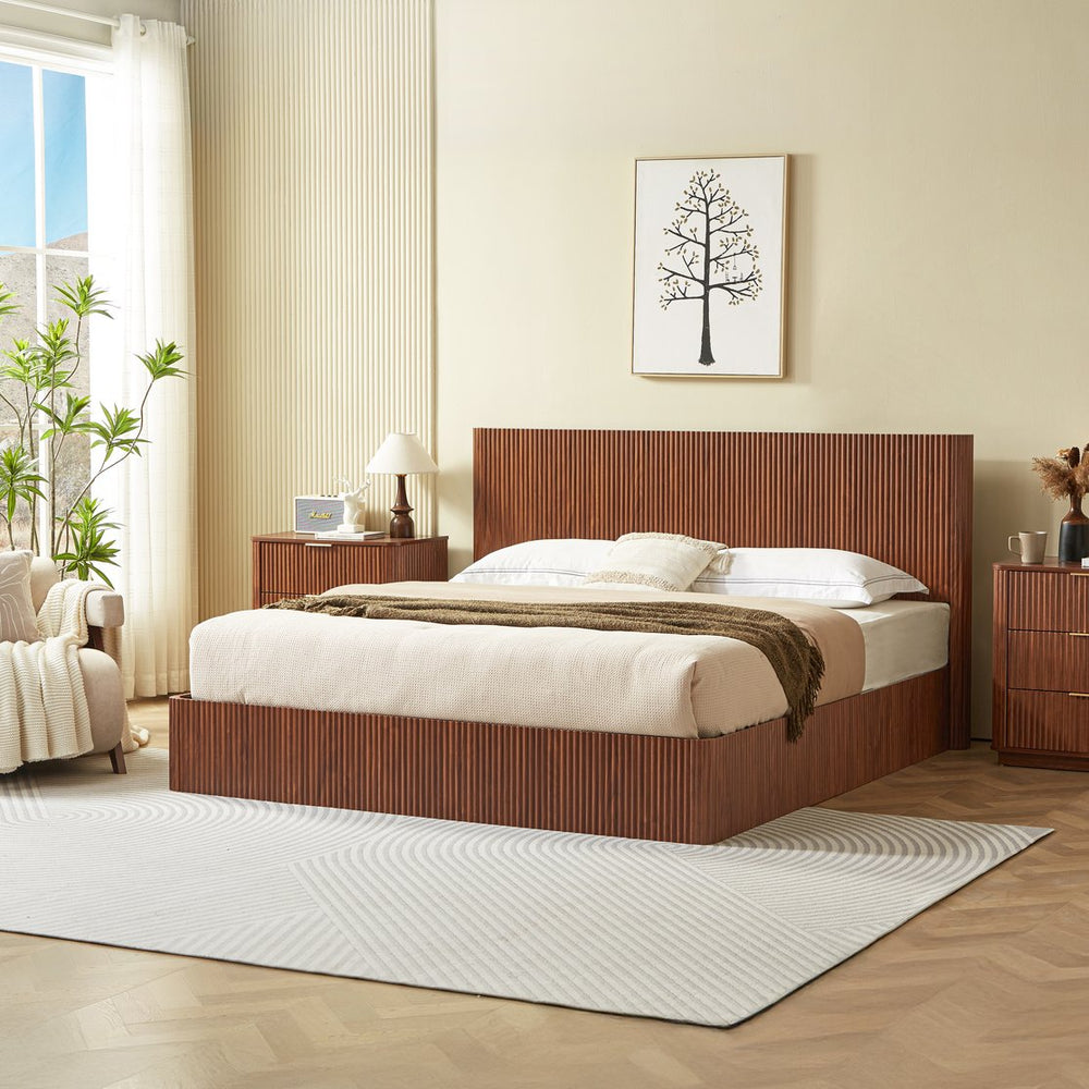English Elm King Platform Storage Bed Walnut Hydraulic Lift Corrugated Wood Headboard Frame W1820S00060