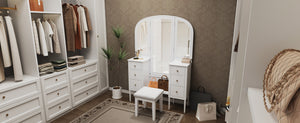 English Elm Antique Glam Vanity Desk with Triple Mirror, Stool & 6 Drawers, Full‑Length Mirror, White Elegance N844P285297A