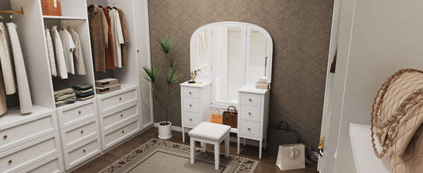 English Elm Antique Glam Vanity Desk with Triple Mirror, Stool & 6 Drawers, Full‑Length Mirror, White Elegance N844P285297A