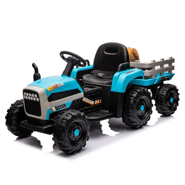 English Elm Ride on Electric Tractor Toy with Trailer 24v 400w Dual Motors Remote Control Led Blue W1578P193906