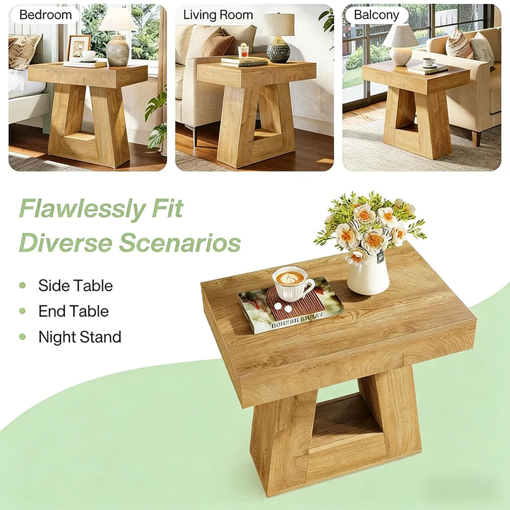 English Elm Modern Two Tier End Table Black Metal Frame Wood Grain Surface for Living Room T3971P450055