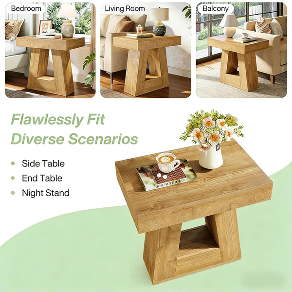 English Elm Modern Two Tier End Table Black Metal Frame Wood Grain Surface for Living Room T3971P450055