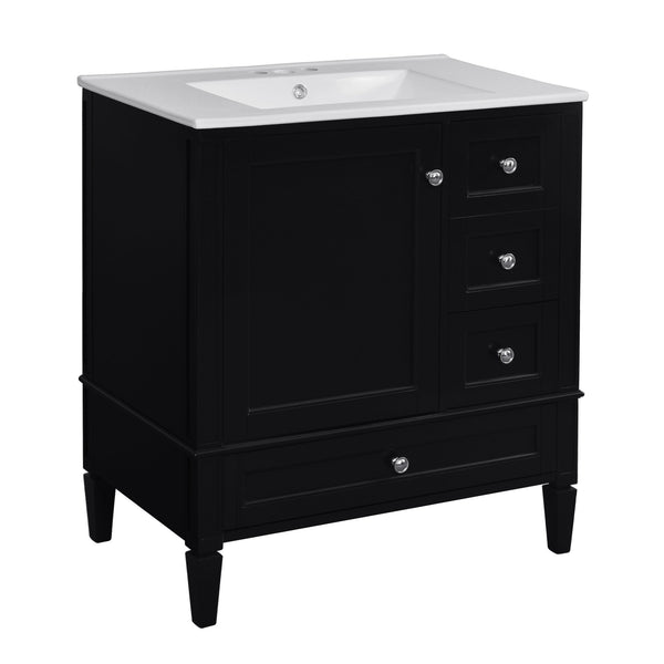 English Elm 30 30 Inch Bathroom Vanity with Ceramic Sink, Modern Compact 3-Drawer Storage Cabinet for Small Baths Black N710P247499B