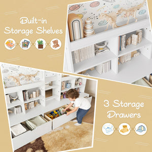 English Elm Twin Xl Low Loft Bed with Curtain Hideaway Chalkboard and Built-in Storage Shelves W1580S00399