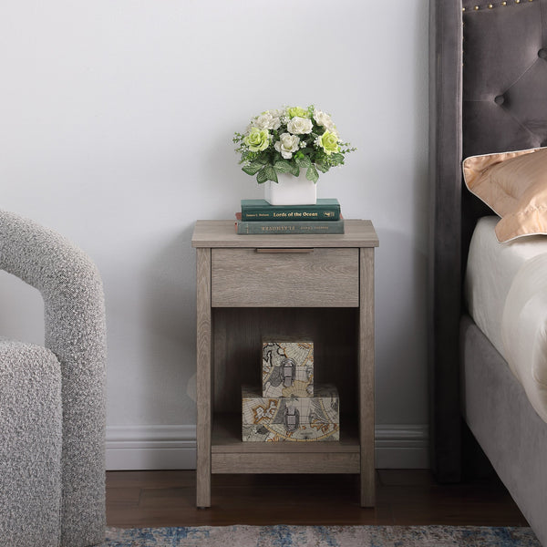 English Elm Nightstand with Drawer | 3-Tier Modern Bedside Table with Hidden Drawer, Open Shelves, Sturdy Build Gray 25.9 L x 17.1 W x 5.1 H W3151P345753